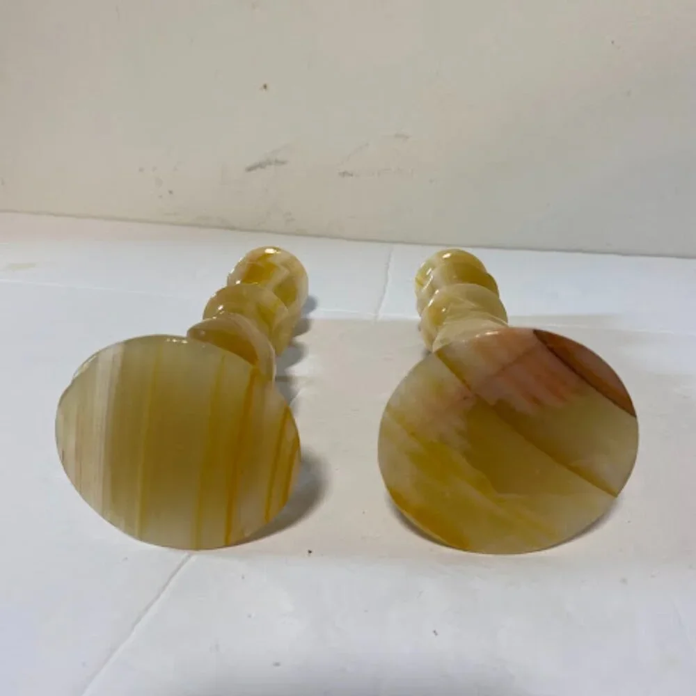 Vintage Banded Onyx Marble Candlestick Holders Set of 2 - 6” Tall